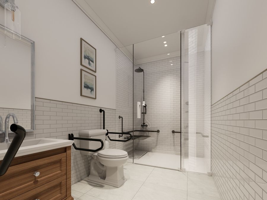 ADA-accessible bathroom with roll-in shower, grab bars, and bench seating