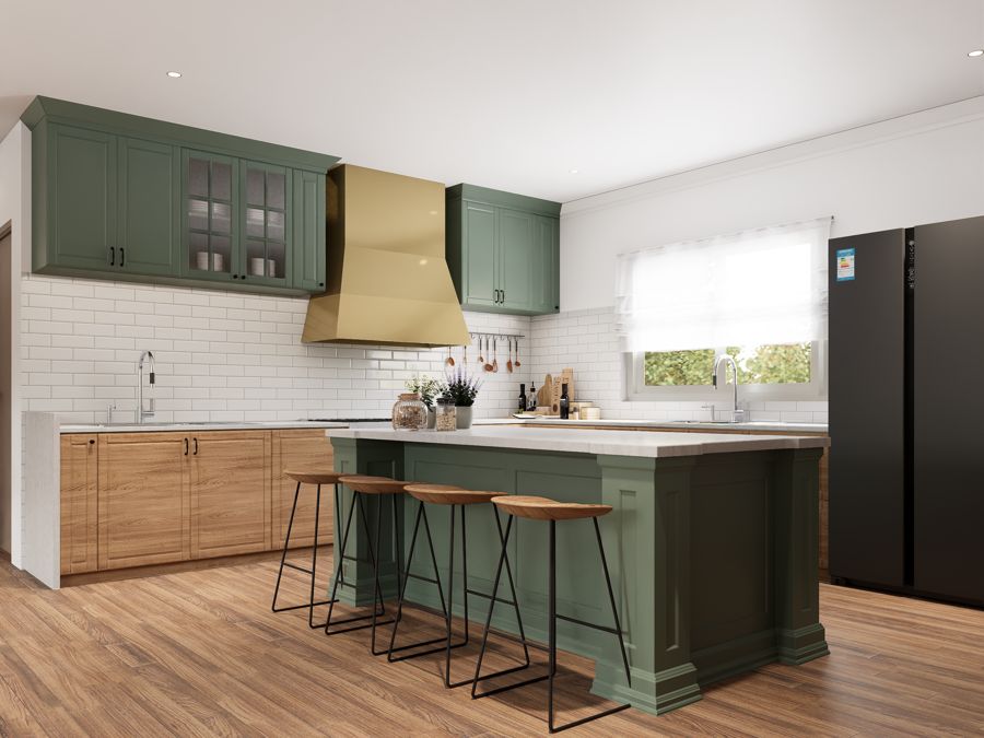 Shared kitchen with green cabinetry, island seating, and natural light