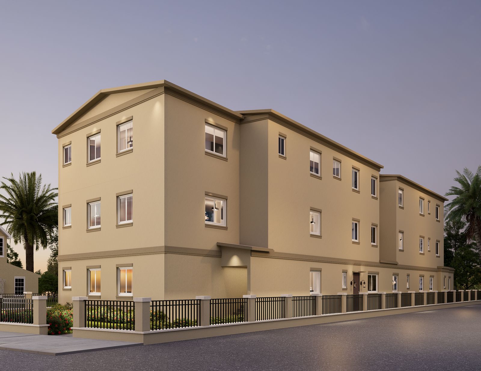 Exterior rendering of the Grounded in LA building at dusk